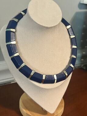 Vintage Cobalt Blue Lucite Panel Collar Necklace Gold Tone Mid Century Retro